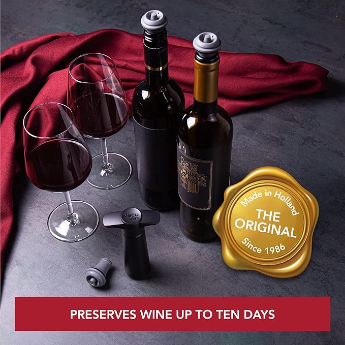 Vacu Vin Wine Saver Pump Red with Vacuum Wine Stopper - Keep Your Wine Fresh for up to 10 Days - 1 Pump 6 Stoppers - Reusable - Made in the Netherlands