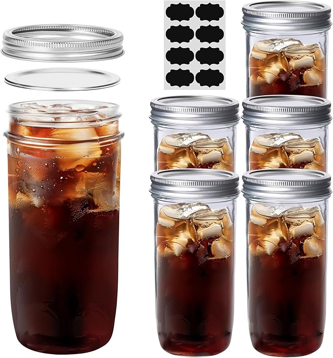 Mason Jars 24 oz Wide Mouth Glass Set of 6 with Lids and Bands