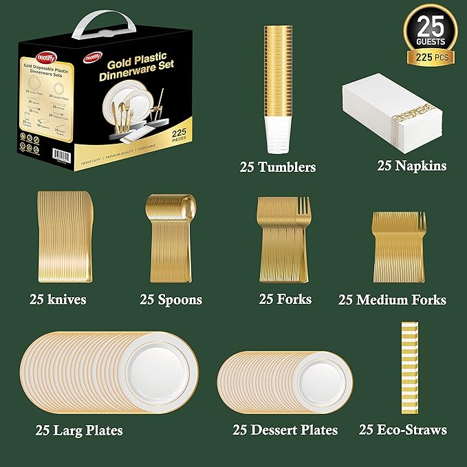 Plates Set, Gold Rim Plastic, 225 Pieces for 25 Guests