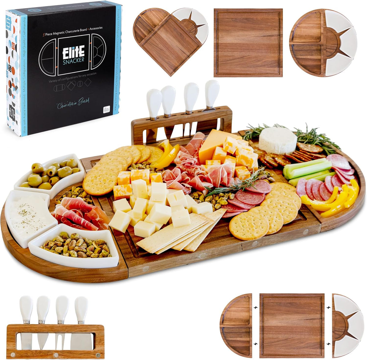 Elite Snacker Large Charcuterie Board Set, Acacia Wood, Premium Finish