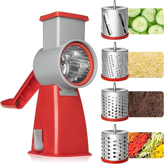 4-in-1 Rotary Cheese Grater Handheld, Lightweight Body with 4 Stainless Steel Blades & Non-Slip Suction Base, for Shredding Parmesan, Slicing Vegetables, Grating Chocolate（Red）