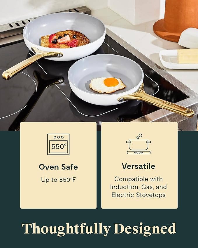 Caraway Ceramic Fry Pan Duo with Glass Lids - Non-Stick Frying Pans (10.5” & 8”) - Non Toxic, PTFE & PFOA Free - Oven Safe & Compatible with All Stovetops – Gray