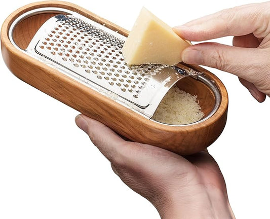 Cheese Grater with Container - Stainless Steel Cheese Grater with Cherrywood Serving Bowl - Fine Shredder Kitchen for Hard Cheese, Spices, and Zesting - Italian Kitchen Gadgets by Kings County Tools