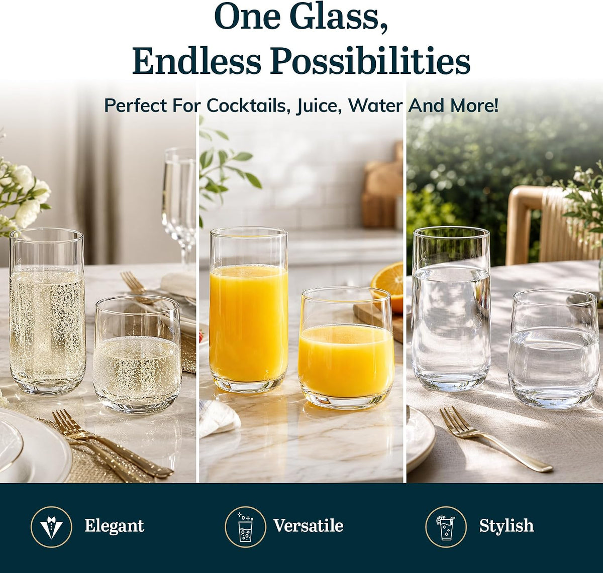 Ascent Tumbler & Rocks Drinking Glasses Set of 16, Clear Glass Cups – set view