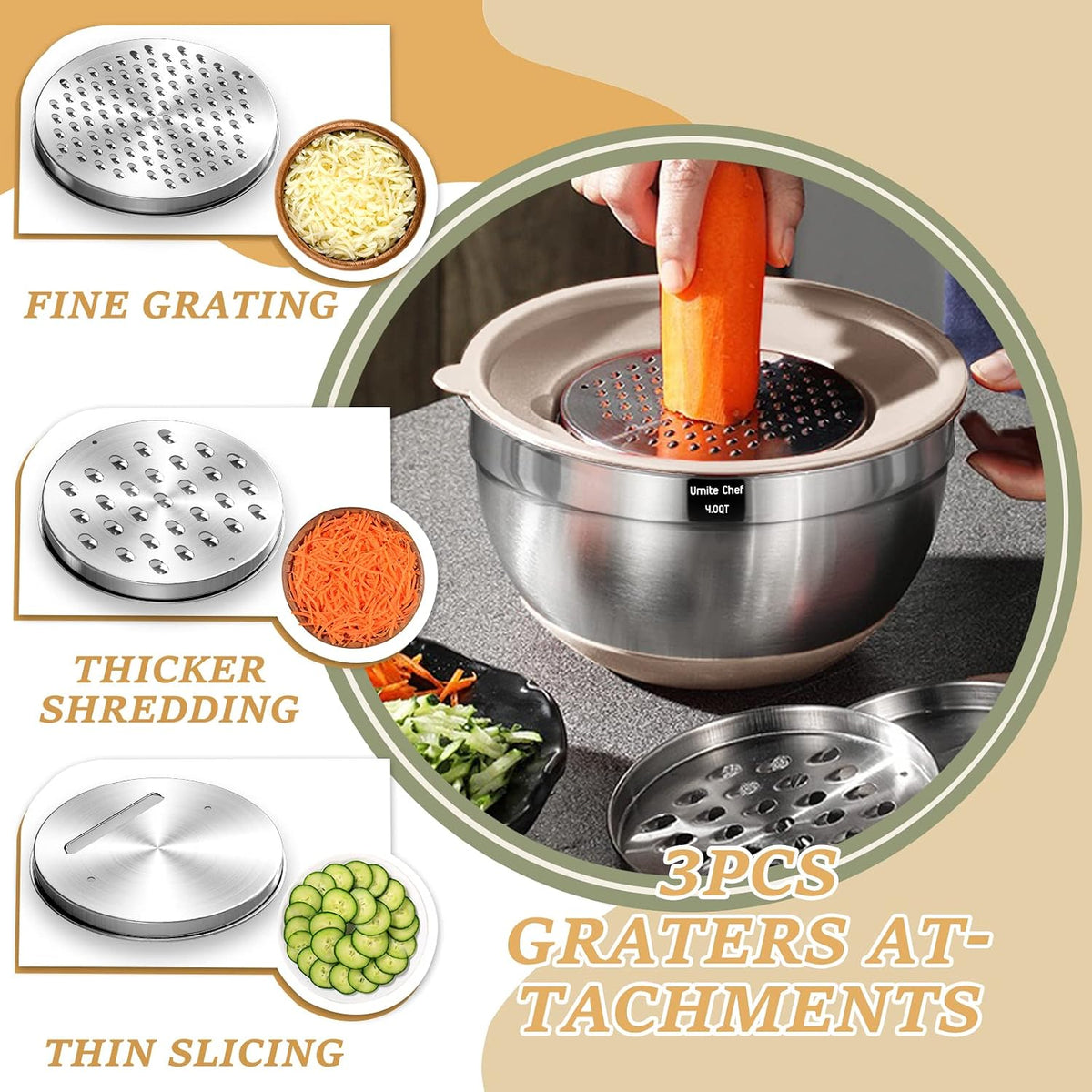 Mixing Bowls with Airtight Lids Set, 26PCS Stainless Steel Khaki Bowls – close-up