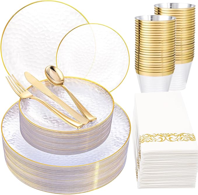 Plates Set for 25 Guests, Clear Gold Plastic Disposable Dinnerware