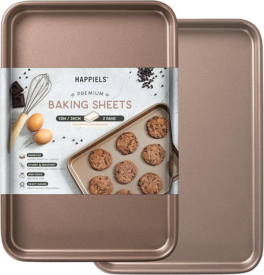 HAPPIELS Nonstick 9x13 inch Quarter Baking Sheet Set of 2 | PFOA & BPA Free Non Toxic 13x9 inches Cookie Sheets | Best Non stick Cooking Pans, Small Tray for Toaster Oven | Nontoxic Baking Pan 9 x 13