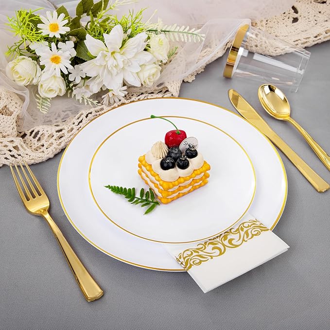 Disposable Plates Set, 350 Pieces, White with Gold Rim for 50 Guests