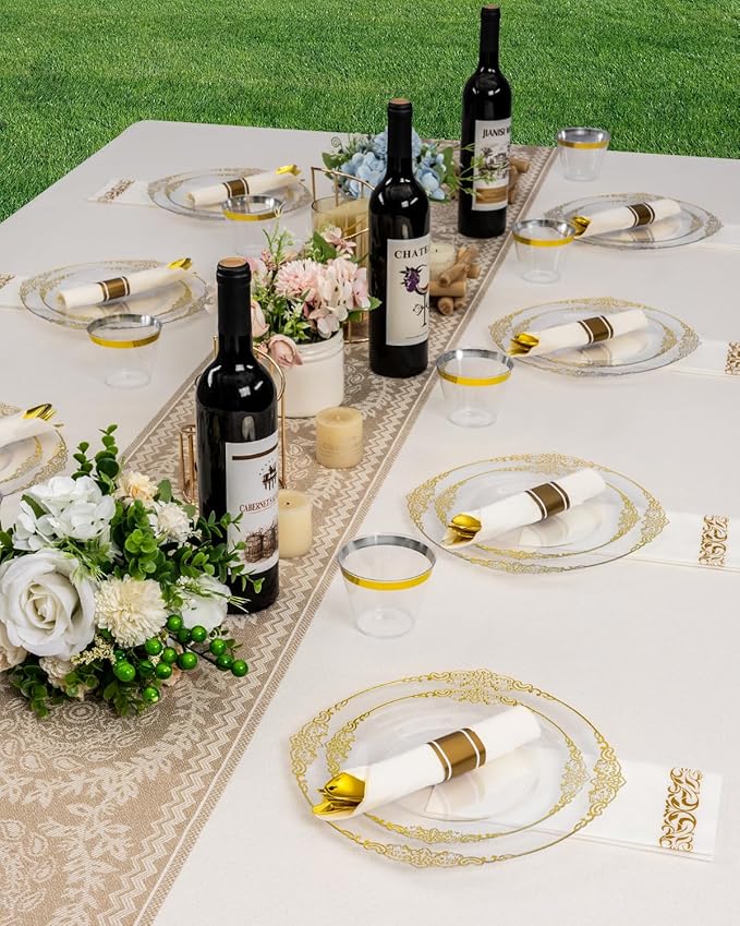 Disposable Plates Set, 350 Pieces, Clear Gold Trim for 50 Guests