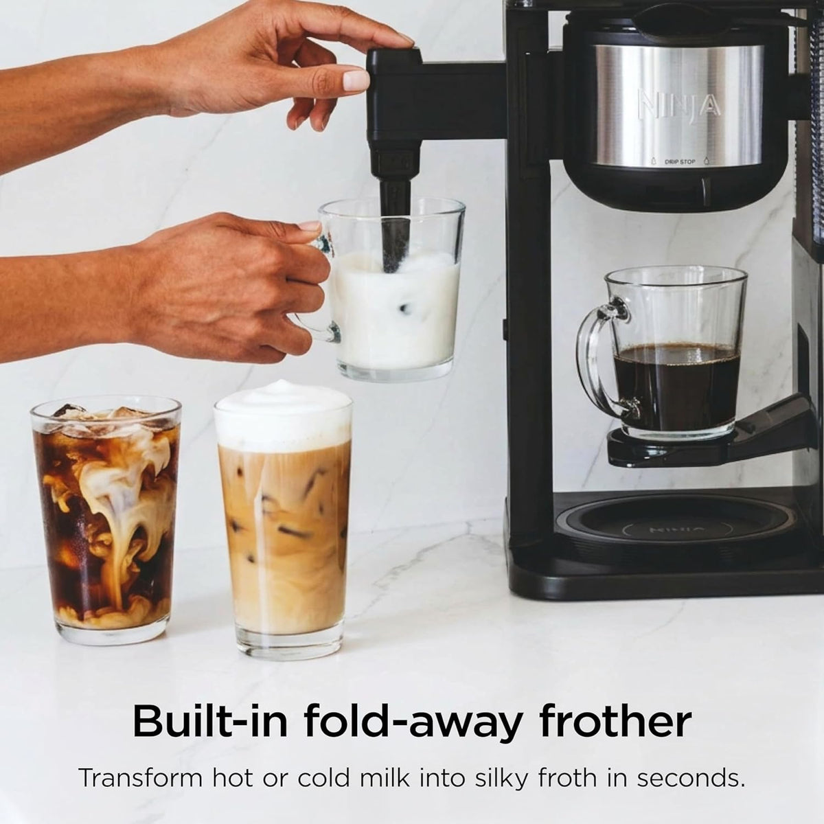 Coffee Maker, 10-Cup Carafe, Fold-Away Frother, Black, CM401 – features
