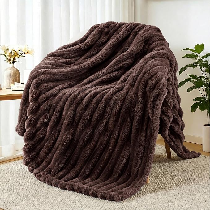 Throw Blanket in Coffee Striped Microfiber Fleece, 50 x 60 Inches