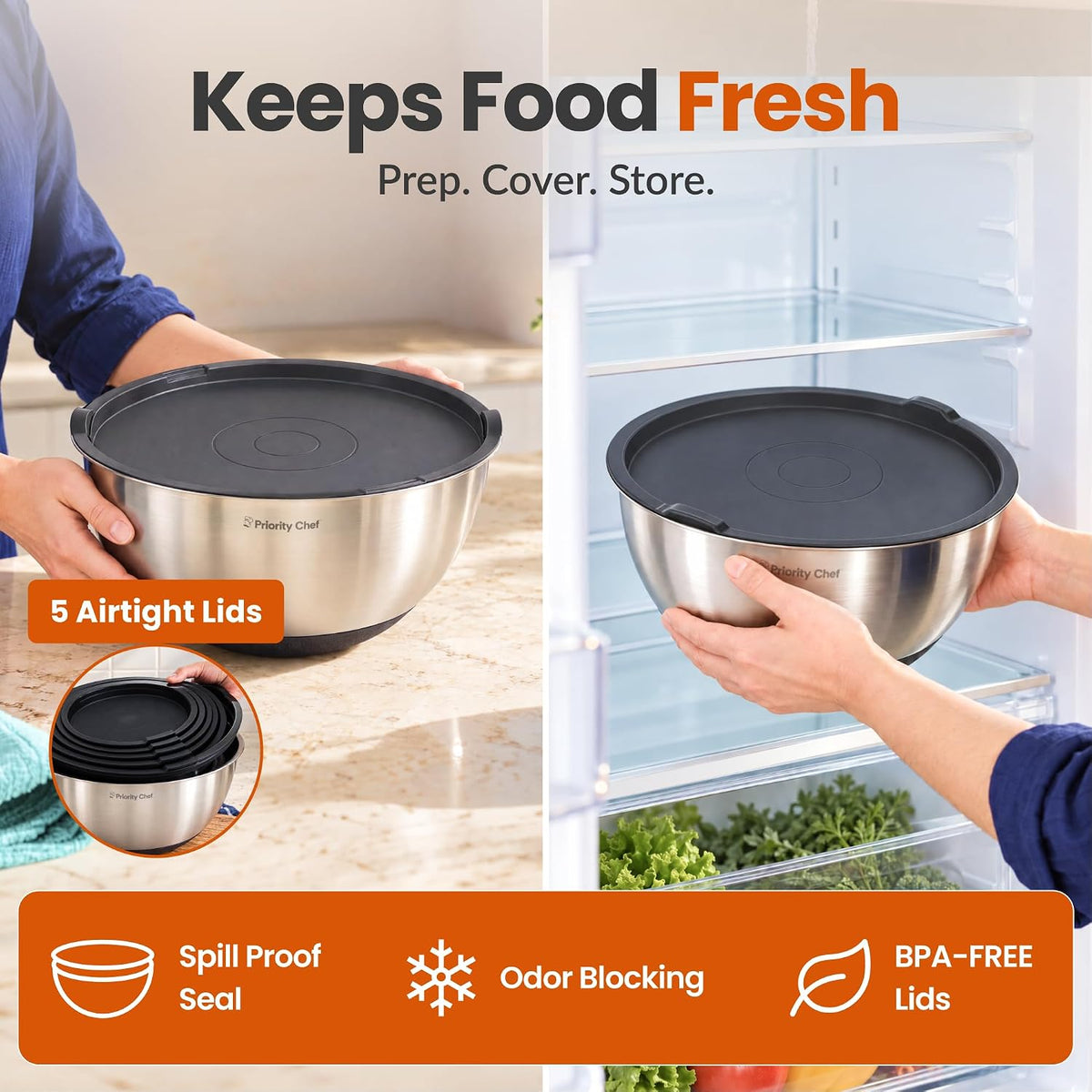 Premium Mixing Bowls with Airtight Lids Set, Thicker Stainless Steel, Black – close-up