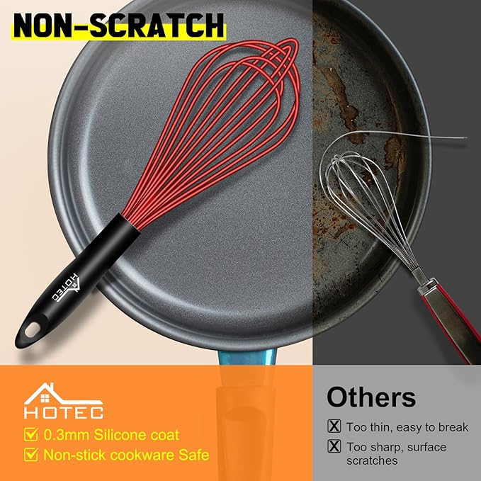 HOTEC 4 Pieces Silicone Whisks Set, Wire Balloon Whisks Egg Beater, Non-slip Handle Whisk for Non-stick Cookware Perfect for Cooking, Stirring, Beating and Blending (Red)