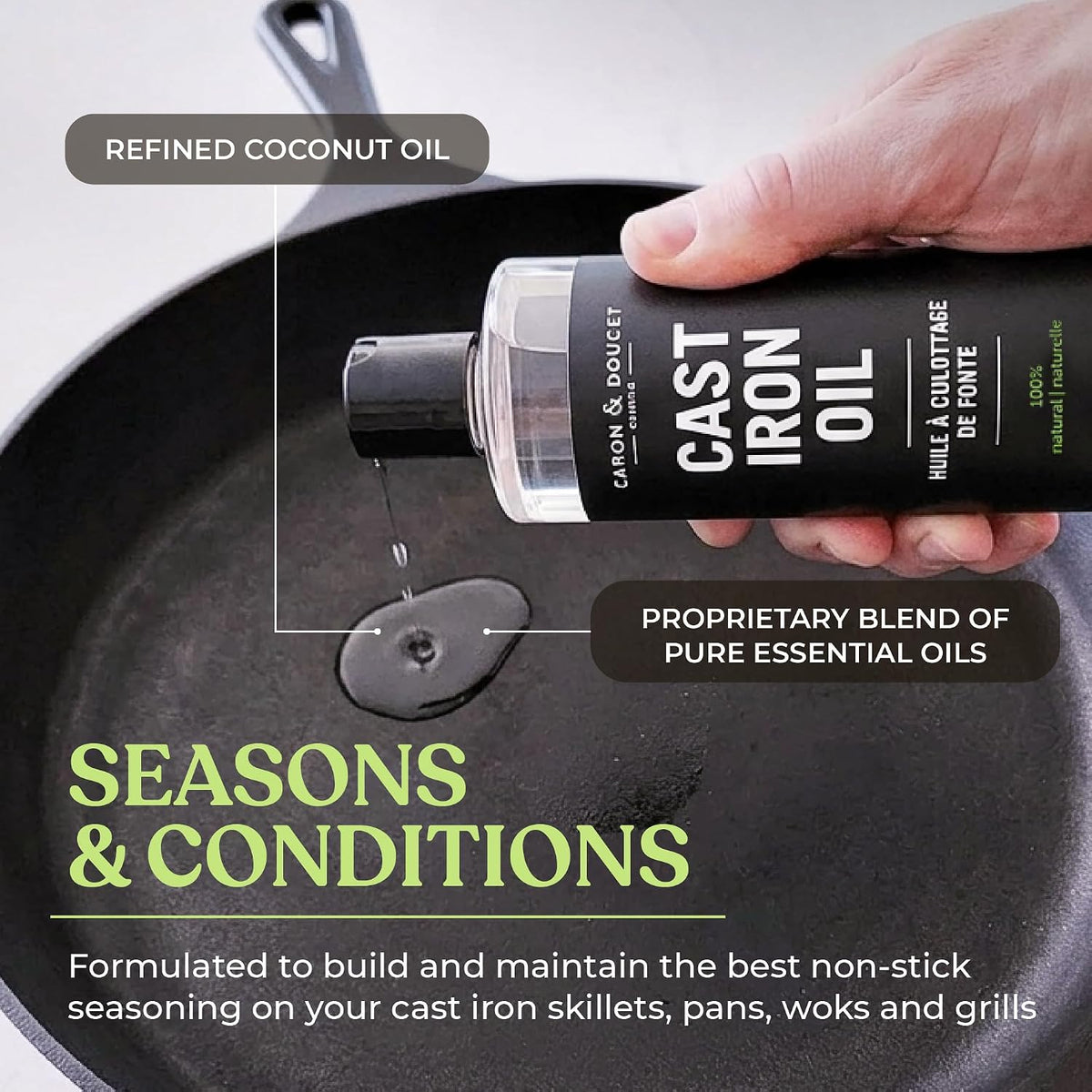 New Ultimate Cast Iron Set: Seasoning Oil, Cleaning Soap & Restoring Scrub | – features