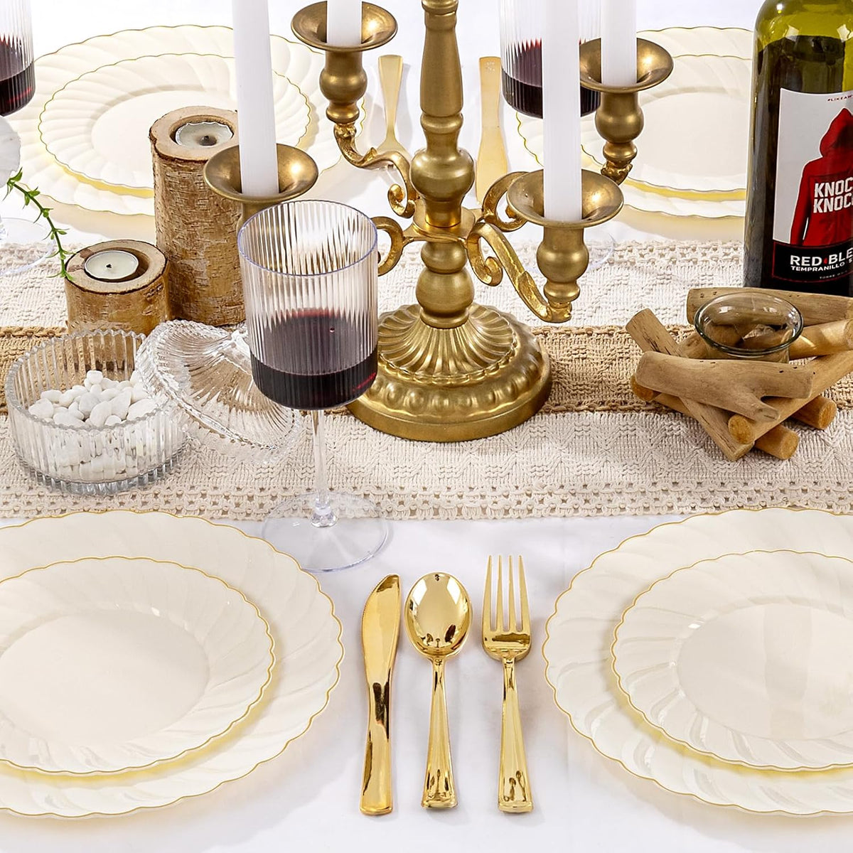 125PCS Ivory Scalloped Plastic Plates for Wedding Thanksgiving Day – set view