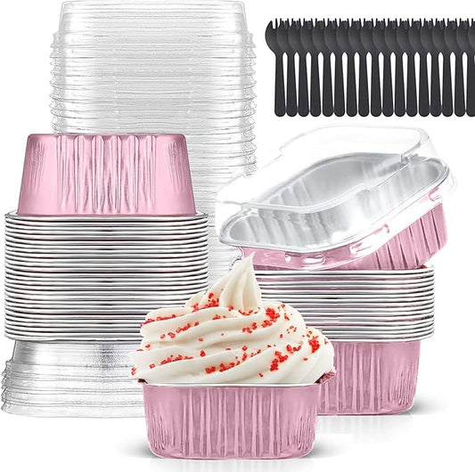 Mini Cake Pans With Lids (10oz,40 Pack) Aluminum Foil Square Cupcake Liners Brownie Baking Cups,Disposable 4”x4” Large Cupcake Pan,Jumbo Muffin Tin Ramekins Holders