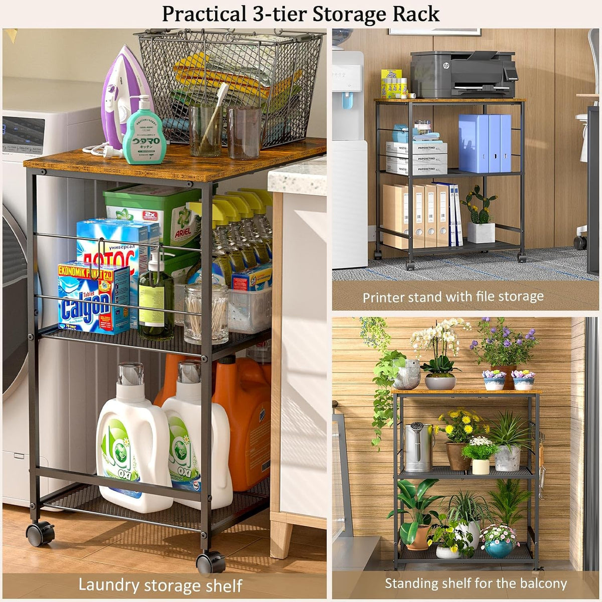 Rolling Kitchen Microwave Cart, 3 Tier Microwave Table Stand with Storage – size reference