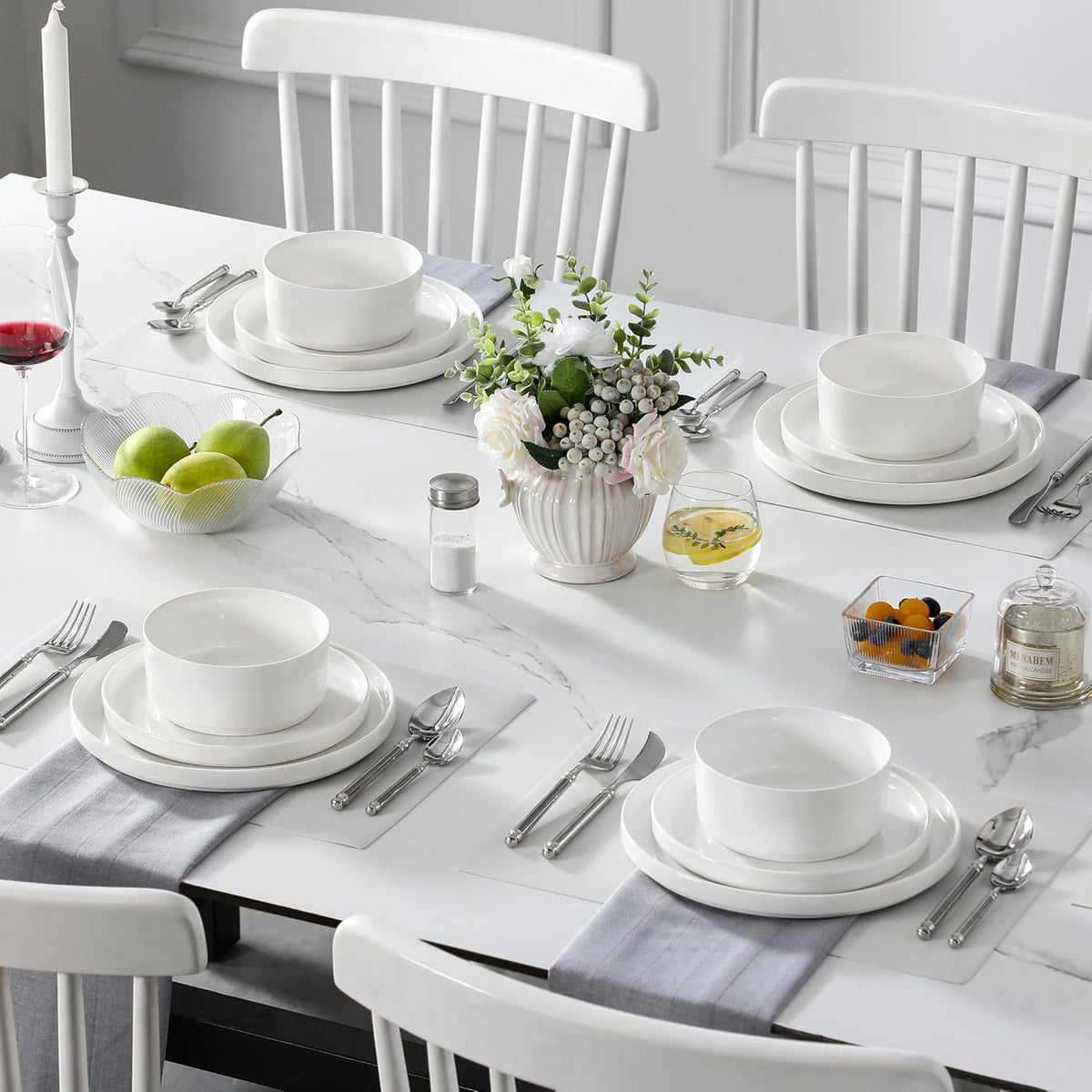 12 Pieces Porcelain Dinnerware Set, Modern White Dish Set for 4, Premium – features