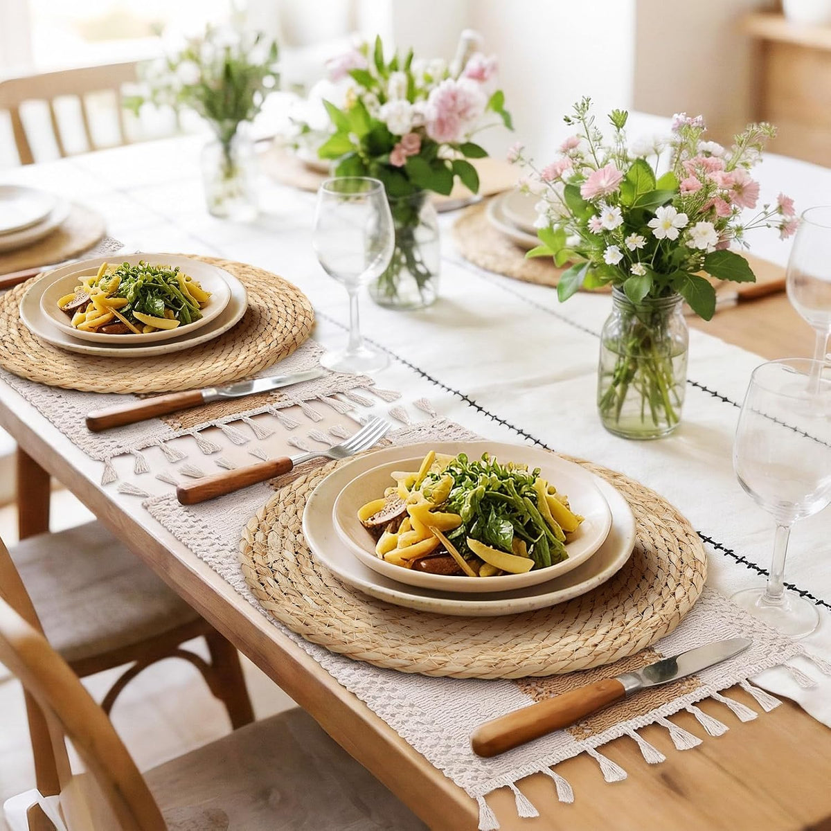 Placemats Set of 8 - Rattan Round Place Mats & 11.8” x 17” Cotton Braided – set view