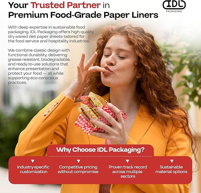 Red Checkered Deli Paper Sheets, 12" x 12" (100 pcs) - USA-Made Premium Food Basket Liners - PFAS-free Grease Resistant Deli Paper Sheets for Food, Snack & Baking Wrap, Picnic & Party by IDL Packaging
