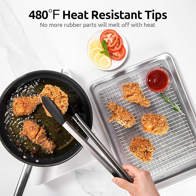 Heat Resistant Silicone Kitchen Tong: U-Taste 16 inch Extra Long Large 480ºF Hot Proof Cooking Tong with Sturdy Non Stick Rubber Tips & Non Slip Silicon Coated Steel Handle for Grilling BBQ (Black)