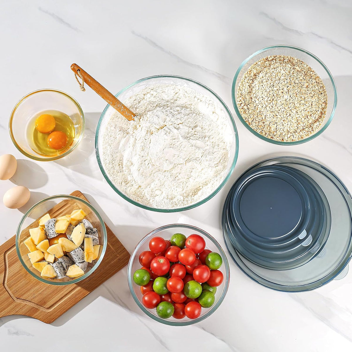 Glass Mixing Bowls with Lids Set of 5(4.78QT,2.2QT,1.7QT,1.1QT,0.85QT),Thick – close-up