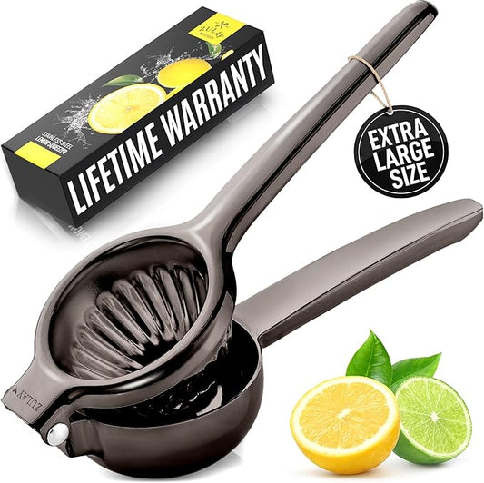 Zulay Kitchen Extra Large Lemon Squeezer Stainless Steel - Easy Squeeze Heavy Duty Lemon Juicer Hand Press - Ergonomic Citrus Squeezer & Fruit Juicer for Small Oranges, Lemons, & Limes - Black