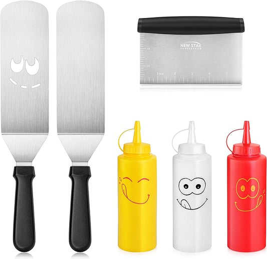 New Star Foodservice 7006865 Stainless Steel BBQ/Griddle Utensils & Accessories Tool Set, 6-Piece Set Includes Spatulas, Dough Scraper with Measurements, & Squeeze Bottle Set
