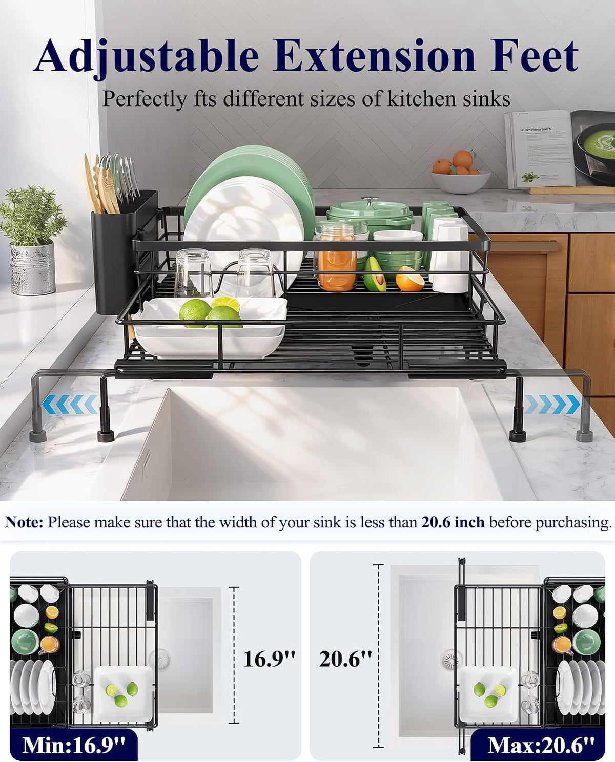Adjustable Dish Drying Rack, 15.6''-25.2''L × 16.9''W, Black – close-up