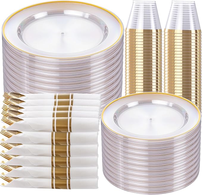 Plastic Plates with Gold Rim, 350 Pieces Serves 50 Guests