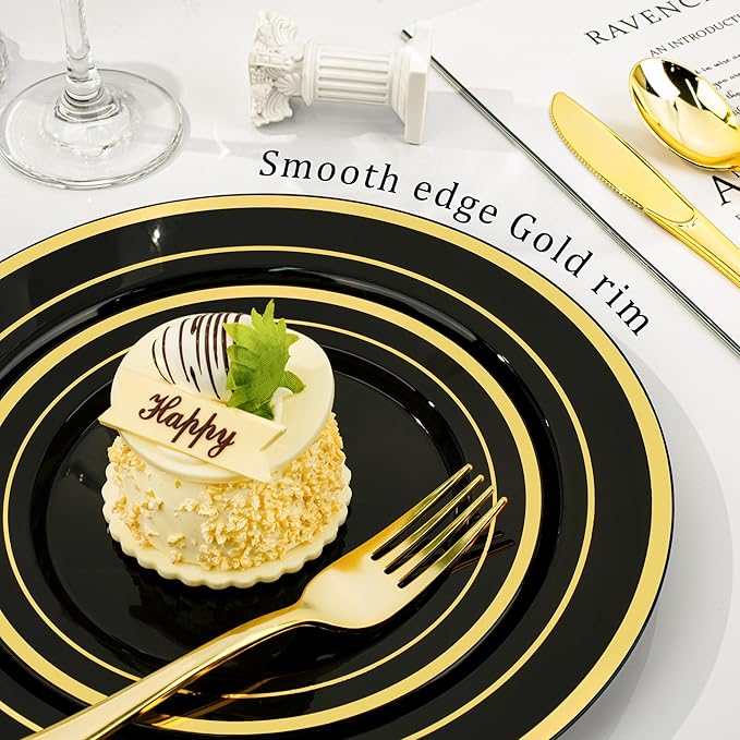 Disposable Plastic Plates Set, Black Gold, 300 Pieces for 50 Guests