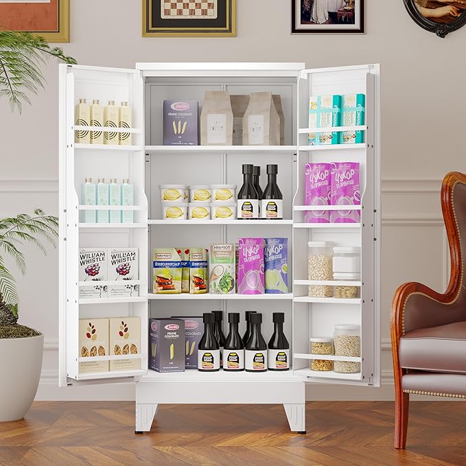 Pantry Cabinet with 2 Doors and 3 Adjustable Shelves, White Steel