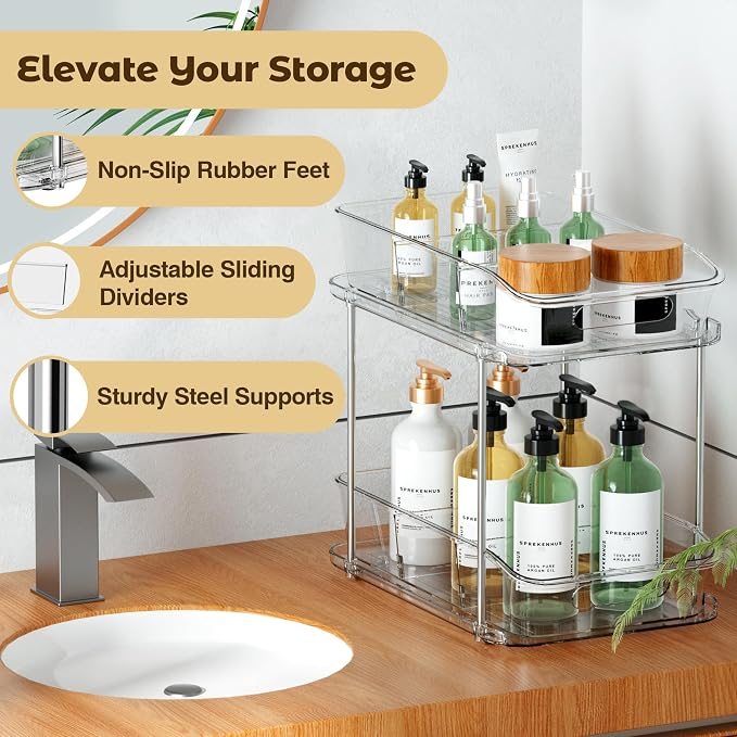 Pull-Out Organizers, 2-Tier Clear PET Under Sink Storage with Dividers