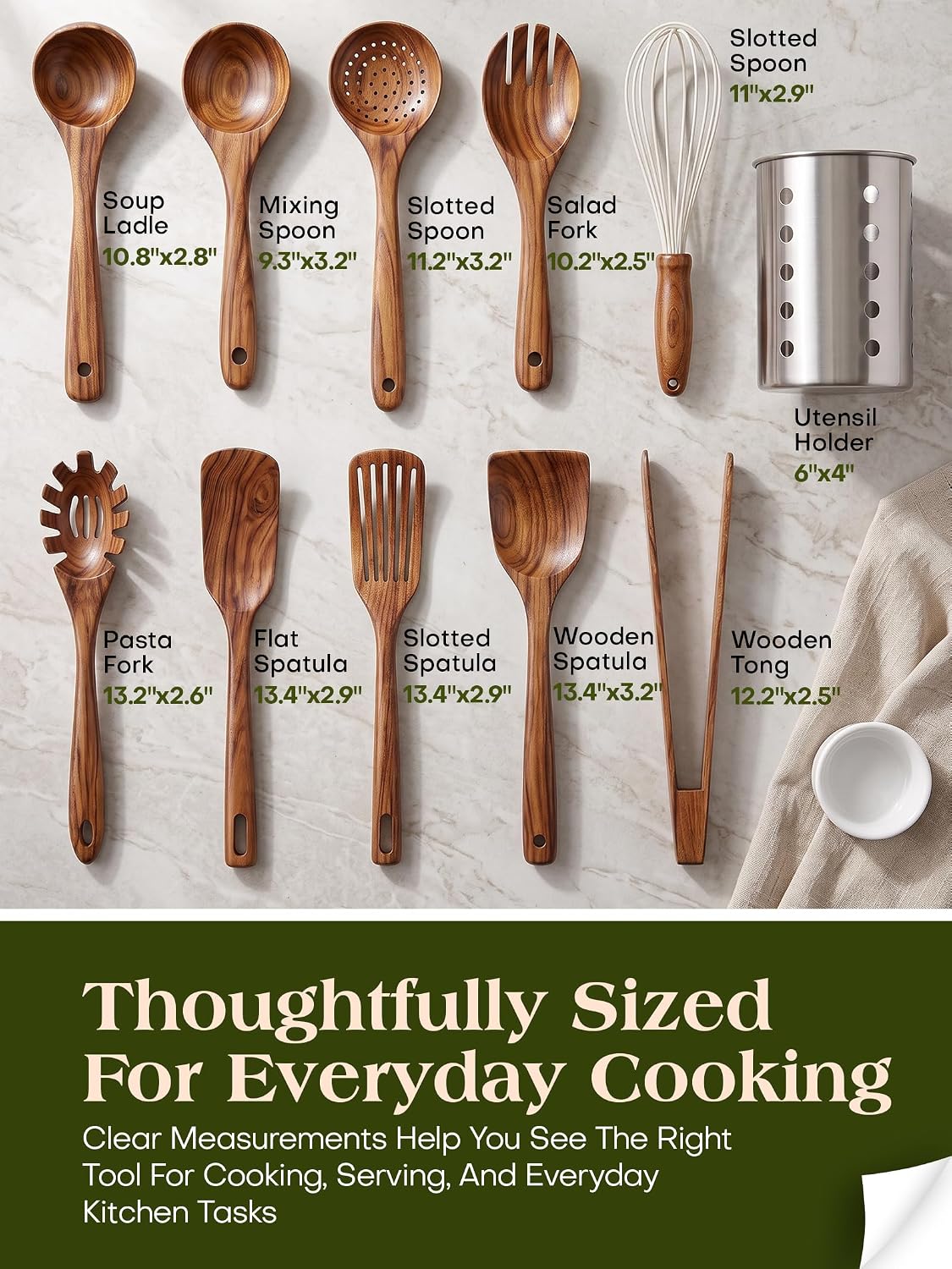 11‑Piece Natural Teak Wood Kitchen Utensil Set with Holder, Non‑Toxic Cooking – detail