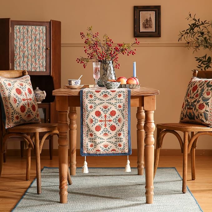 Table Runner, 12 x 102 Inch, Coffee Floral Polyester Linen Blend