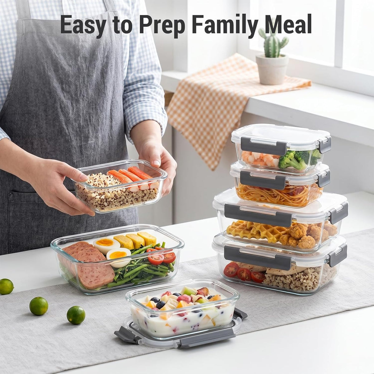 10 Sets 36 oz & 12 oz Glass Food Storage Containers with lids, Gray – size reference