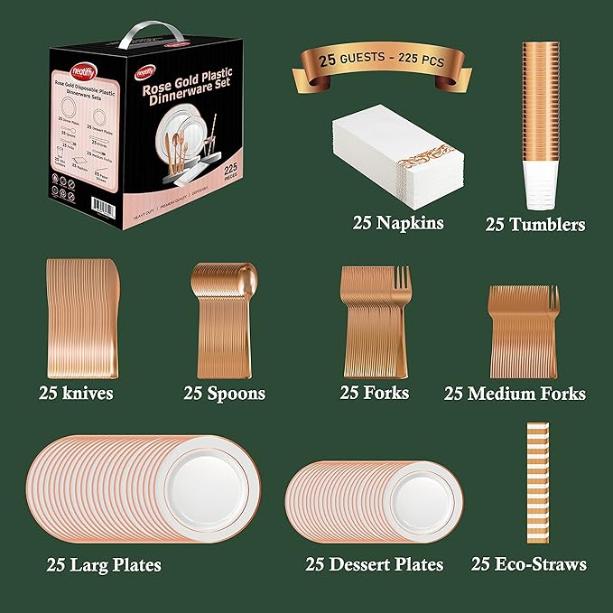 Plastic Dinnerware Set, Rose Gold Rim, 225 Pieces for 25 Guests