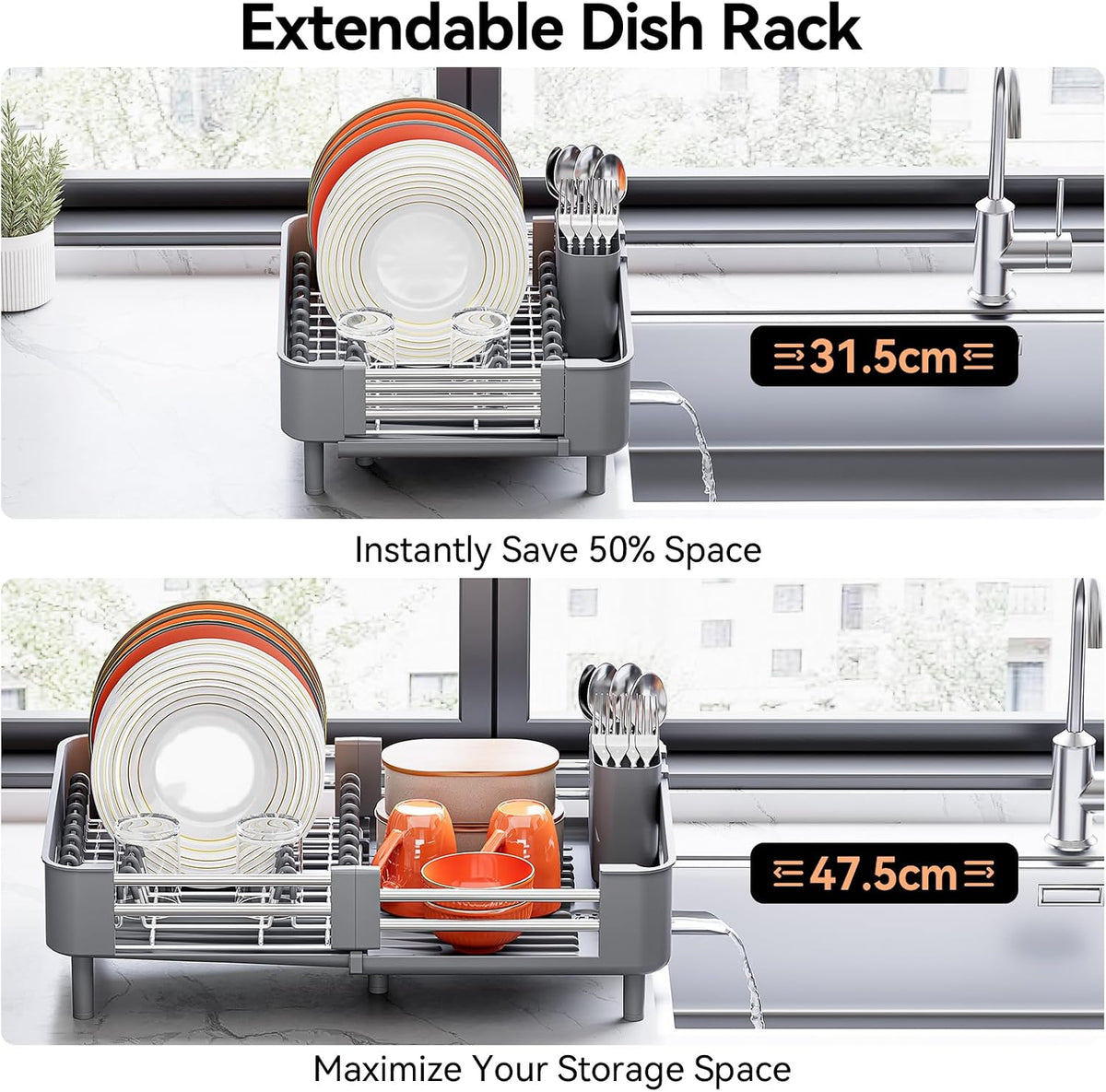 Extendable Stainless Dish Drying Rack for Kitchen Counter, Gray – close-up