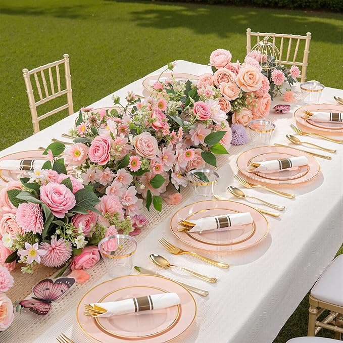 Plates Set, Pink Disposable Plastic with Gold Rim and Heart Pattern