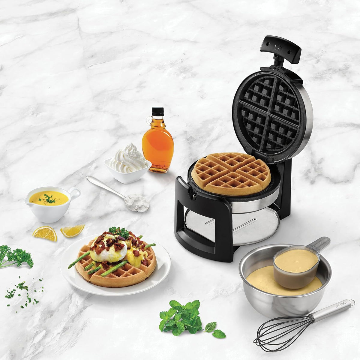 Flip Belgian Waffle Maker, NonStick, Stainless Steel, 1" Thick – set view