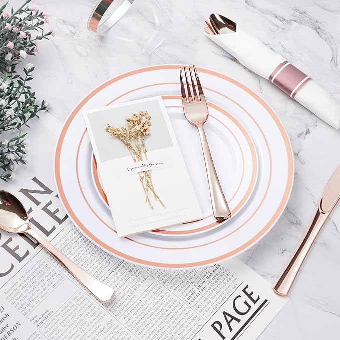 Plates Set, White with Rose Gold Rim, 10.25-Inch Dinner and 7.5-Inch Salad