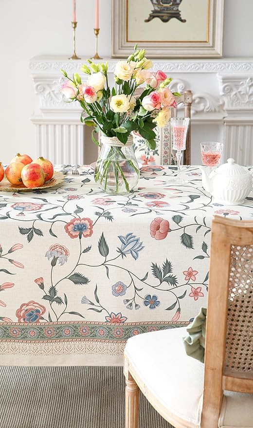 ISAENNE Designer Chinoiserie Linen Floral Long Tablecloth Rectangle,White Wrinkle Resistant Table Cloth,Elegant Decor Tablecloths for Dining Thanksgiving Kitchen Party Christmas,63"*102"-Daffy