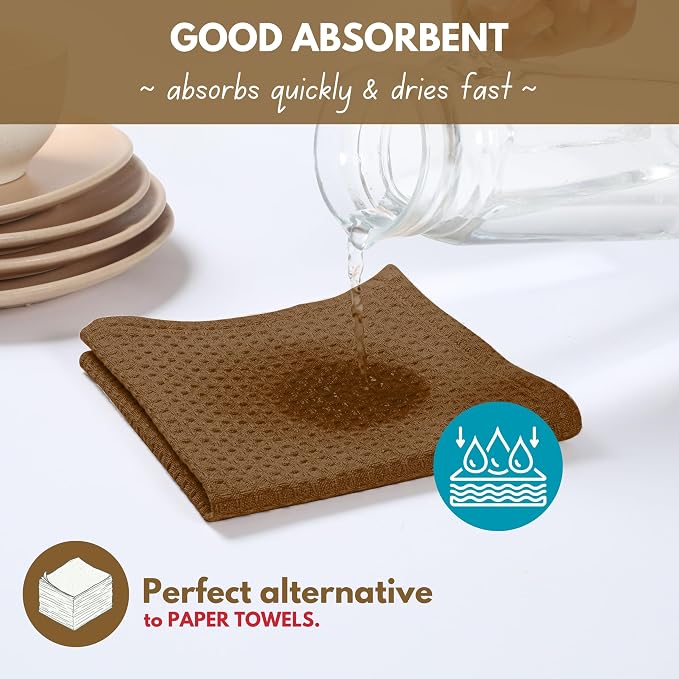 Dish Towels, 6-Pack Brown Waffle Weave Cotton, 16x26 Inches