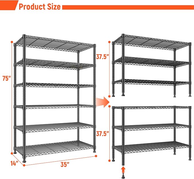 Standing Shelf Unit 6-Tier Metal Wire Rack, Adjustable, 75 Inch