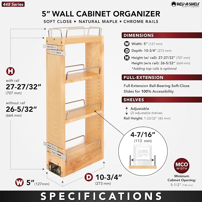 Pull-Out Kitchen Cabinet Organizer, 5-Inch Maple Wood, Soft-Close Slides
