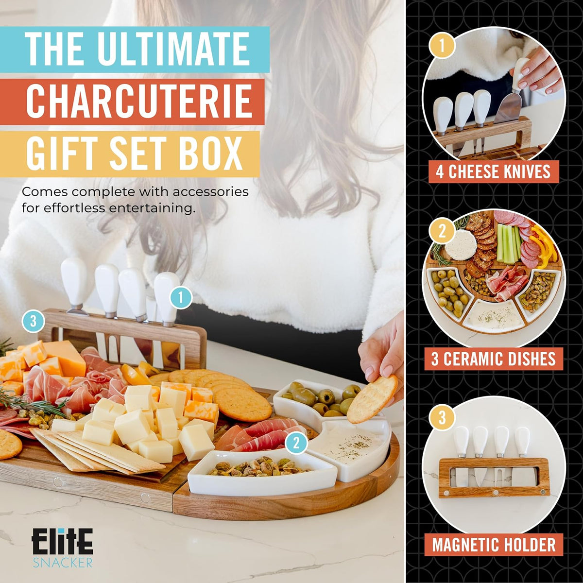 Elite Snacker Large Charcuterie Board Set, Acacia Wood, Premium Finish – close-up