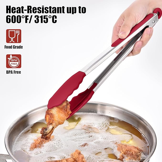Doosu Kitchen Tongs for Cooking - 600°F Heat Resistant Food Tong Set with Non-Scratch Silicone Tips, Heavy Duty Stainless Steel Locking Tong for BBQ, Grilling Steak, Serving Salad (7+9+12in, Red)
