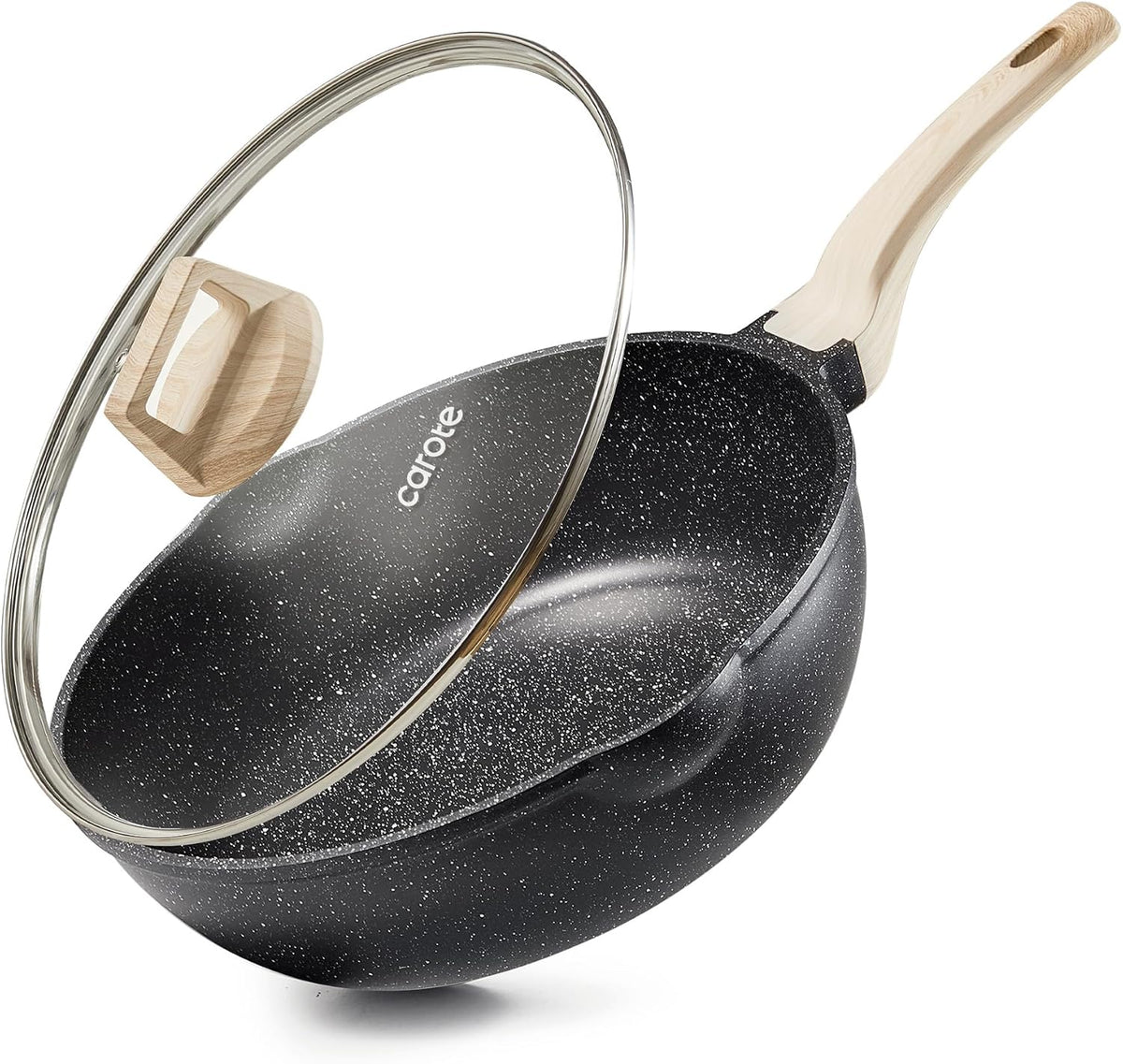 12 Inch Nonstick Deep Frying Pan with Lid, 5.5 Qt Black Granite