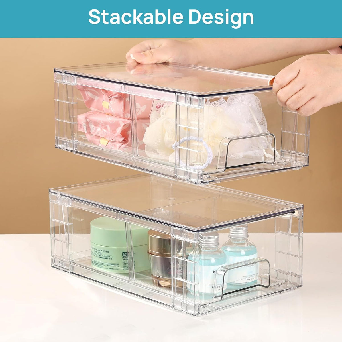 4 Pack Stackable Clear Drawer with Dividers – size reference