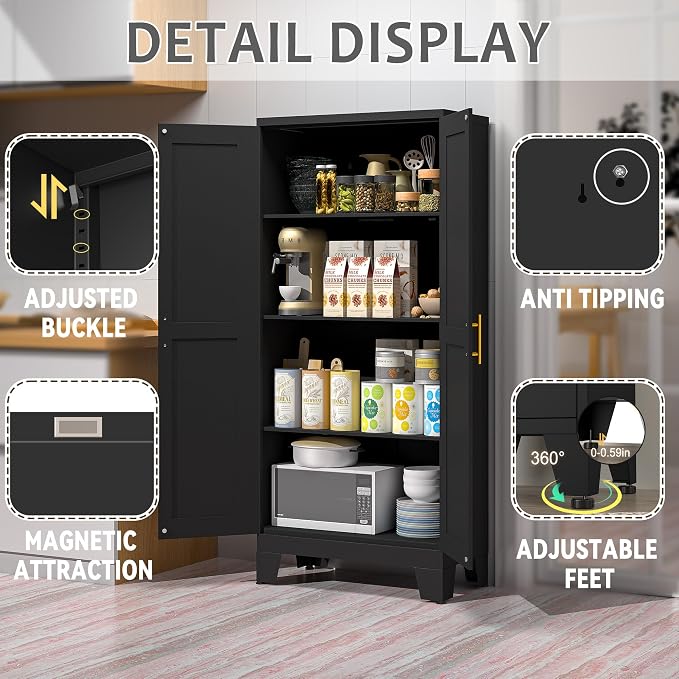 Black Metal Pantry Cabinet with 2 Doors and 3 Adjustable Shelves